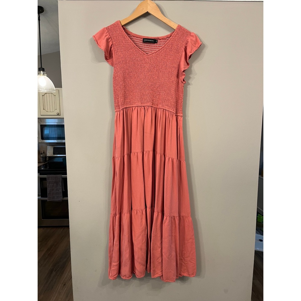 Merokeety Women Smocked Midi Dress Coral Pink Tiered V-Neck Flutter Sleeve Small